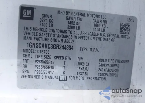 2016 Chevrolet Tahoe Ls из США, поврежденный, VIN 1GNSCAKC3GR244834